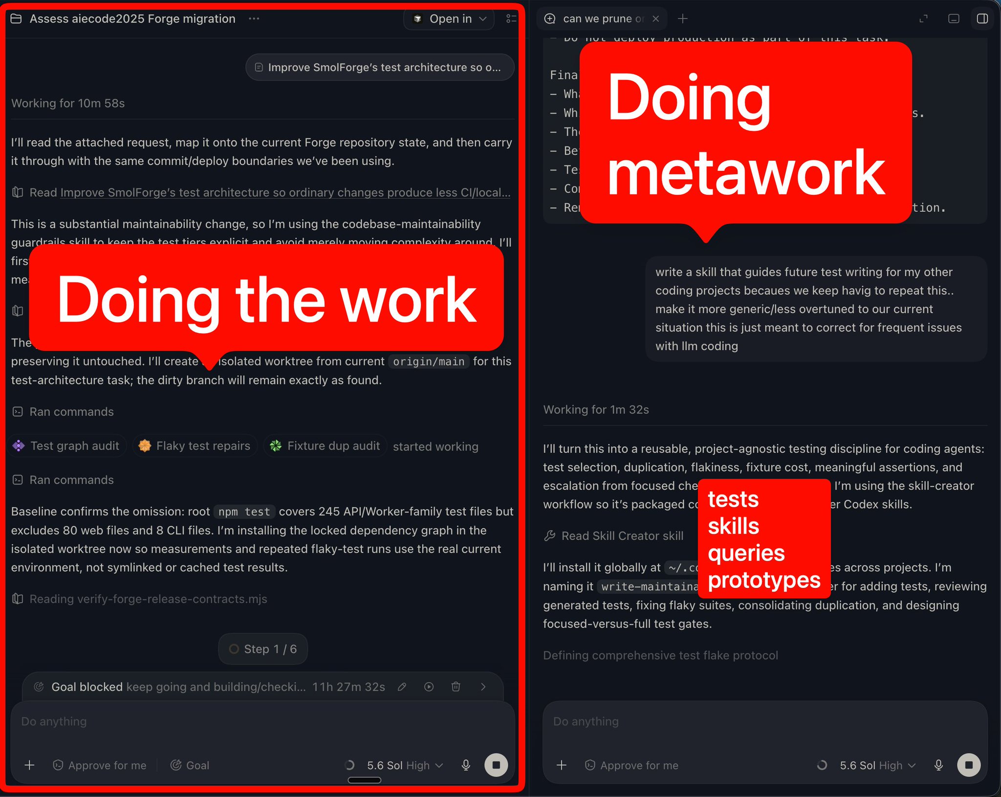 Два окна Codex рядом: слева работа над тестовой архитектурой, справа написание skill
